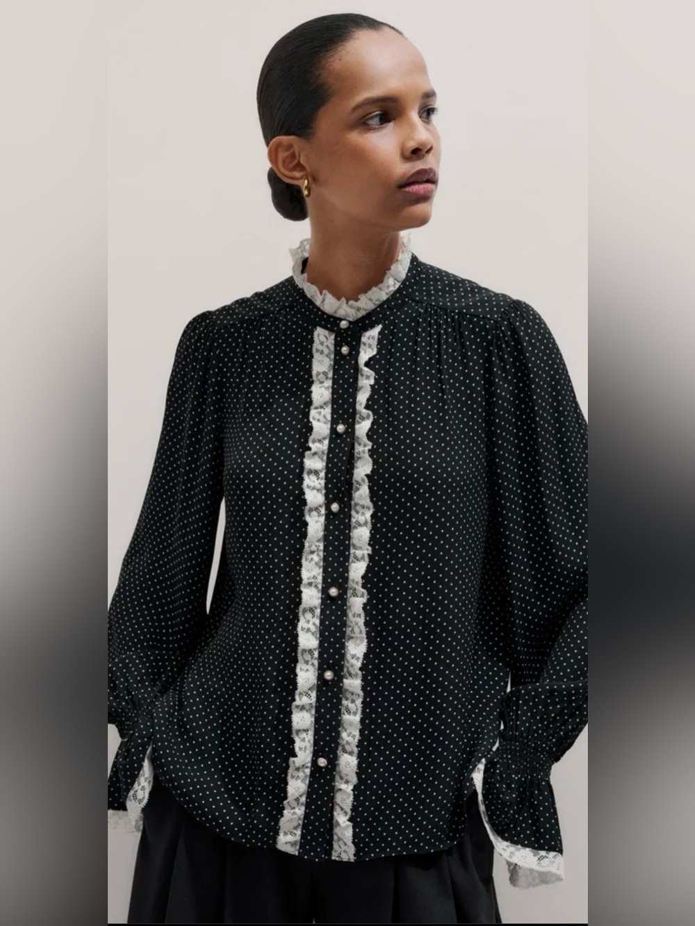 ME+EM Black Micro Polka Dot & Lace Blouse – Size 12